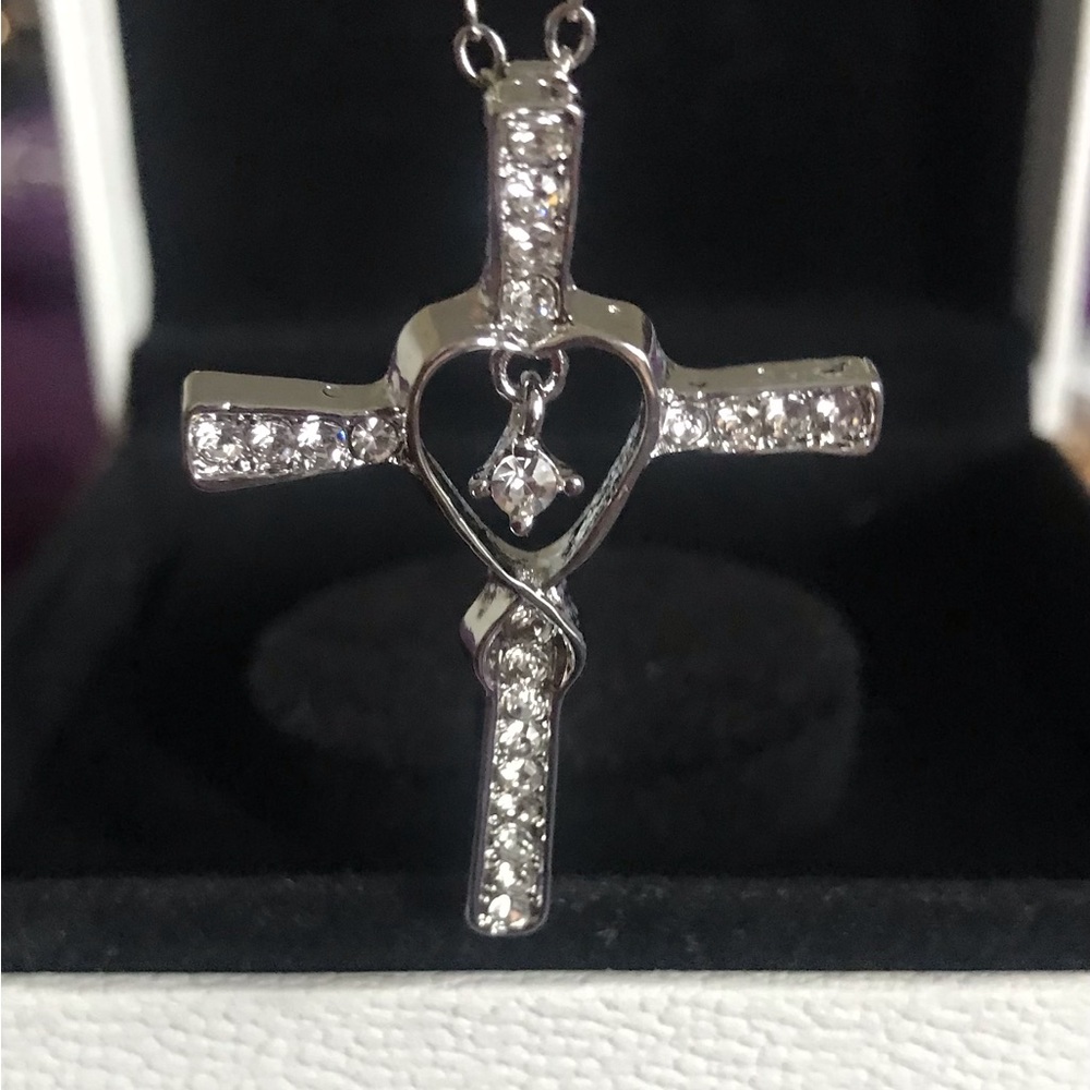 Sterling Silver Heart Cross Pendant Necklace with Cubic Zirconia